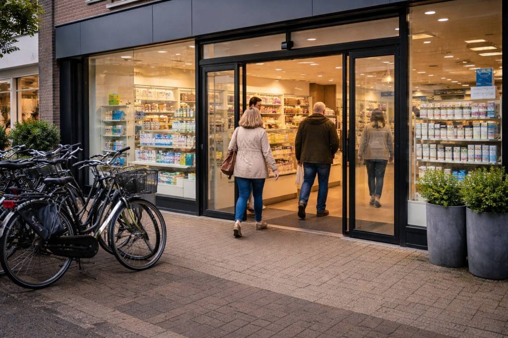 Ingang van de apotheek op een rustige ochtend - Apotheek openingstijden Emmen