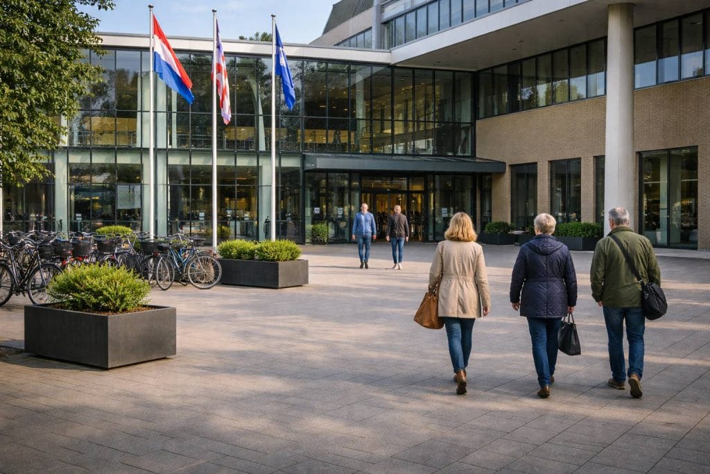 Modern stadhuis in Emmen in de ochtendzon - Stadhuis openingstijden Emmen