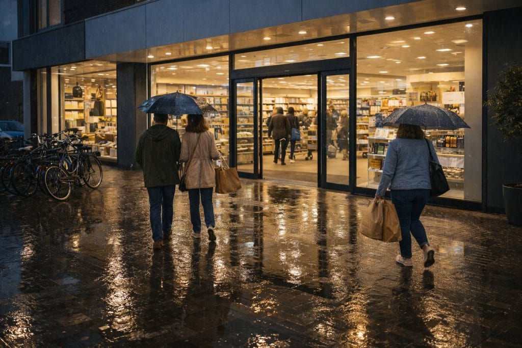 Regenachtige avond bij de ingang van de supermarkt in Emmen